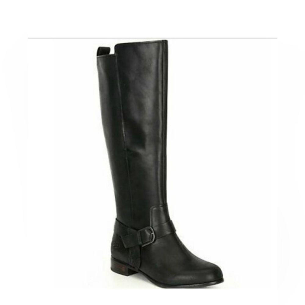 UGG Katelyn Black Leather Block Heel Tall Riding Boots 6 NWOB